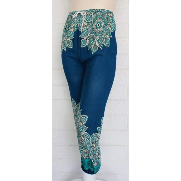 Small Exotic Teal Blue Lotus Zen Elastic Waist Harem Pants Pocket Rayon - Picture 1 of 5
